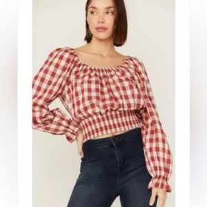 243 Beyond The Radar Gingham Off-Shoulder Smocked Blouse Country western Medium